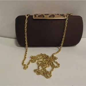 SHAG BROWN SATIN EVENING BAG W/LEOPARD RHINESTONE